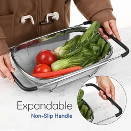 homestic Fine Mesh 6 Quart Over Sink Colander Steel with Rubber Grip Handles | Silver Stainless Steel Fruit & Vegetable Basket image 4