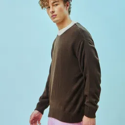 bewakoof Men Solid Round Neck Brown Sweater image 2