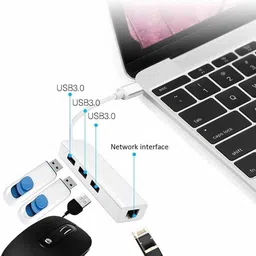LipiWorld Type c to 3-Port USB 3.0 Hub with RJ45 LAN Type c to LAN+Hub-Silver USB Adapter image 2