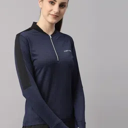 jump usa Women Solid High Neck Polyester Navy Blue T-Shirt image 2