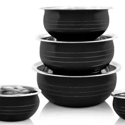 nirvika Pack of 5 Stainless Steel powder coating Handi/Cookware Set/Serving Bowl Piece of 5 Black Pot Pan patila Dinner Set-picture-26
