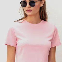 Women Solid Round Neck Cotton Blend Pink T-Shirt-image-9