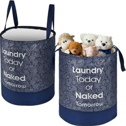 kuber industries Cotton Pack of 2 Leaf Print Foldable 45L Toys Organizer for Kids Room | Blue Storage Basket-picture-22