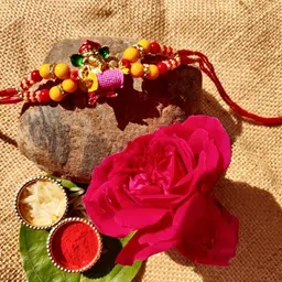 mantouss Designer Rakhi for brother with idol Kundan, Pearl Rakhi, Chawal Roli Pack, Showpiece, Greeting Card Set image 4