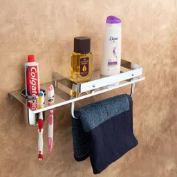 S.S. Mirror Chrome Finish 3 in 1 Multipurpose Bathroom Shelf/ tumbler(pack of 1) silver Towel Holder-image-36