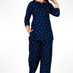 Women Night Suit Set Dark Blue Printed-image-1