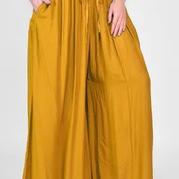 farukhi creation Women Flared Yellow Cotton Blend Trousers image 1