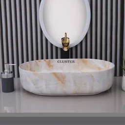 cluster Designer Matt Finish Over Counter Wash Basin For Bathroom, Hotel & Restaurants | Oblong Shaped (550 x 350 x 145 mm) | Glossy White And Brown Table Top Basin image 4