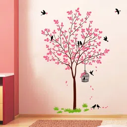 inkedify 120 cm Wall Decals Sticker ' pink Tree with Birds Cage and Nest' Self Adhesive Sticker-picture-17