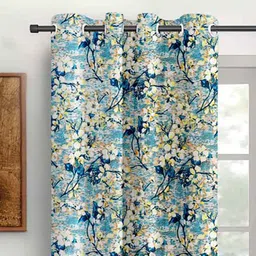 cortina Blue Polyester Floral 5ft Semisheer Eyelet 2 Pc Window Curtains image 2