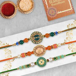 dreamica Designer Set-15-16-17 Mauli Thread, Kundan, Gold Finish, Pearl Rakhi, Chawal Roli Pack, Greeting Card Set-picture-24