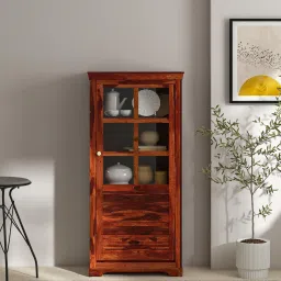 amberville from pepperfry Carleson Sheesham Wood Crockery Unit In Scratch Resistant Honey Oak Finish image 1