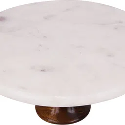 indian artisans MARBLE CAKE STAND WITH WOODEN BASE FOR CAKE CUTTING, SNACKS SERVING PLATTER Marble, Wooden Cake Server image 4