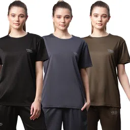 mack jonney Pack of 3 Women Solid Round Neck Polyester Multicolor T-Shirt-picture-26
