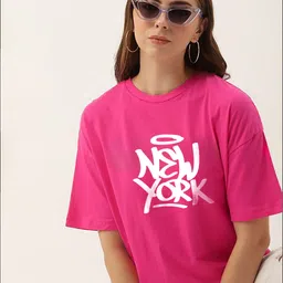 my swag Women Printed Round Neck Pure Cotton Pink T-Shirt image 3
