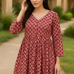 itszeyra Casual Regular Sleeves Printed, Geometric Print, Ethnic Motifs Women Red Top image 1