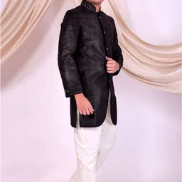 Pooja Ethnic Pooja Ethnic Men's Black Silk Indo Western with Pant PE9089 Embroidered Sherwani image 3