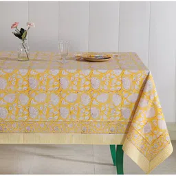 HANDICRAFT PALACE Yellow & White Hand Block Printed 6 Seater Cotton Table Covers With 6 Napkins image 5