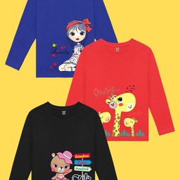 NUSYL Girls Pack of 3 Blue & Black Printed T-shirt-picture-10