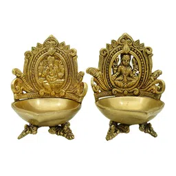 PujaNPujari Gold Toned & Brown 2 Pieces Textured Brass Lakshmi Ganesh Table Diya-image-19