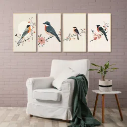 nestroots Bird and Floral Canvas Set of 4 Canvas Wall Painting Gold Frame-picture-10