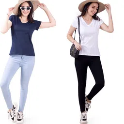 fashinks Pack of 2 Women Solid V Neck Cotton Blend Navy Blue, White T-Shirt image 4