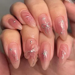 nakhi 24 Artificial Fake Nail Set |Base Pink colour with Silver Design Glossy Nails Pink-picture-25