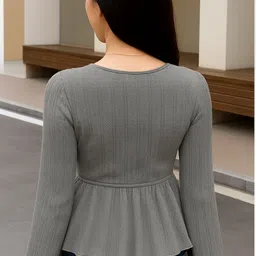 icevila Casual Bell Sleeves Self Design Women Grey Top image 2