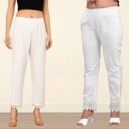 srp collection Pack of 2 Women Comfort Fit White Viscose Rayon Trousers-picture-14