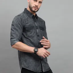 18plus Men Regular Fit Washed Cut Away Collar Casual Shirt image 4