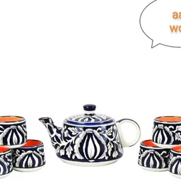 laxmi creation Pack of 7 Ceramic blue mughal Tea set with kettle with cup image 2