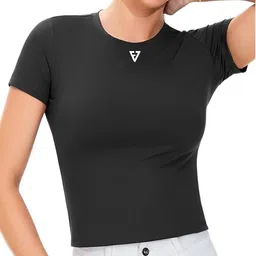 fitrix7 Pack of 3 Women Solid, Graphic Print Round Neck Nylon Black T-Shirt image 3