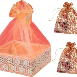 brijsun Decorative Gift Basket Tokri with Tie & 2 Potli Bags for Festive Packing,Wedding Wooden Fruit & Vegetable Basket-picture-29