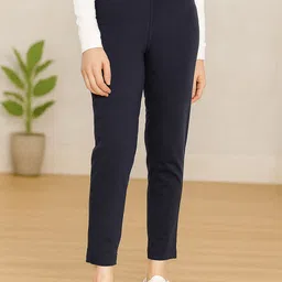 Women Straight Fit Dark Blue Cotton Blend Trousers-image-82