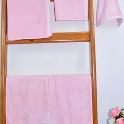 RANGOLI Pink Set Of 4 Embroidered 600GSM Organic Royal Bamboo Towel Set-picture-26