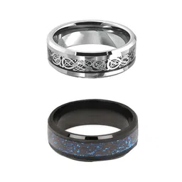 Yellow Chimes Men Set of 2 Black & Silver-Toned Dragon Celtic Inlay Polish Titanium Steel Finger Rings image 2