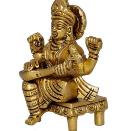 Gold Brass Goddess Saraswati Idol on Chowki by eCraftIndia image 2