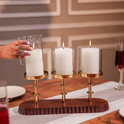 ireka homes Glowry Acacia Wood Candle and T-Light Holder with Metal Stand & Glass image 4