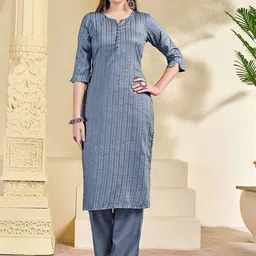 KALINI Striped Round Neck Straight Kurta with Trousers-picture-34