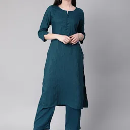 Saanjh Teal Striped Straight Kurta with Trousers-picture-17