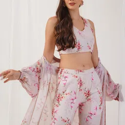 Jompers Printed V-Neck Top, Front Opean Shrug with Mid-Rise Trouser Co-Ords image 3