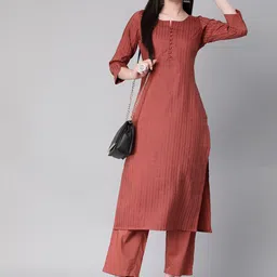 Shaily Rust Striped Regular Straight Kurta with Trousers image 5