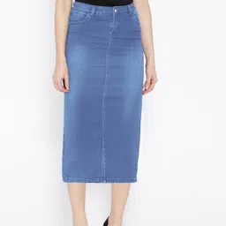 purple feather Women Washed Pencil Blue Skirt-picture-14