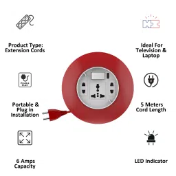 Goldmedal G-Dial 6 Amps 3 Sockets Extension Board (5 Meters, LED Indicator, 205128, White & Red) image 3
