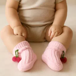 cdeck Knitted Woolen Booties for Babies (0-6 Months) – Soft & Warm Handcrafted Baby Shoes with Cherry Pom Design | Cozy Winter Footwear for Newborn Boys & Girls | Light Pink image 3