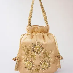 duchess Silk Potli Bag for Women with Intricate Hand Embroidery & Pearl Detailing – Ideal Potli Purse for Wedding, Ethnic Looks, Return Gifts & Festive Functions – Lightweight Batua Style (Beige) image 5