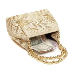 wenz Raw-Silk Designer Potli Bag for womens with Golden Embroidery and Golden Pearl Handle image 1