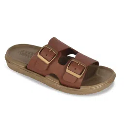 Fanspy Double Strap Sandal for Men, Brown Synthetic Leather, Cushioned Footbed, UK Size 6-10 image 1