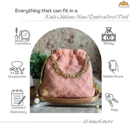 the kala chikans Kala All-Over Hand Embroidered Chikankari Potli Bags | Moti Strap | Adjustable Drawstring | Ethnic Bridal Return Gift | Festive Clutch Pouch for Women | Traditional Handbag image 4