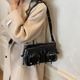 palay Shoulder Bag for Woman Black Punk Y2K Handbags Chic Multipocket Zip-up Crossbody Bags with Adjustable Strap Hand Bag for Woman image 2